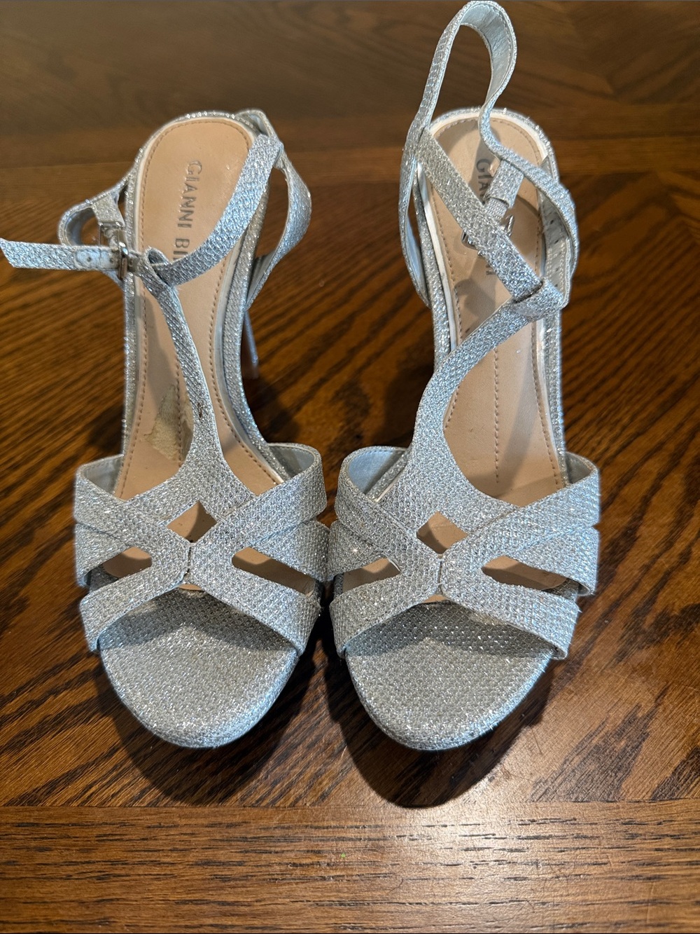 Gianni Bini Silver Glitter Strappy Heels with Ankle Strap
